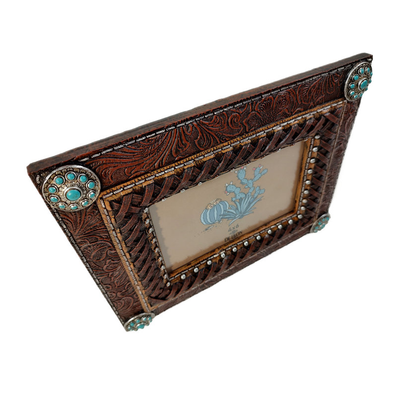 Rustic Brown Leather 6" x 4" Tabletop Photo Frame with Turquoise Conchos