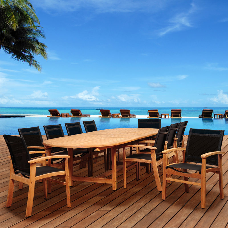 Trevor 10 - Person Teak Patio Dining Set with Extendable Oval Table