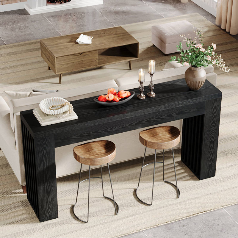 Console 59 pouces, canapé rectangulaire en bois derrière le canapé, Noir