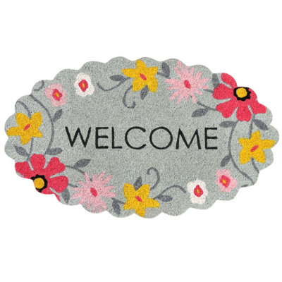 Stavri Natural Coco Coir Door Mat with PVC Backing, "Floral Scalloped Welcome", 18"x30", Heavy-Duty Non-Slip Indoor/Outdoor