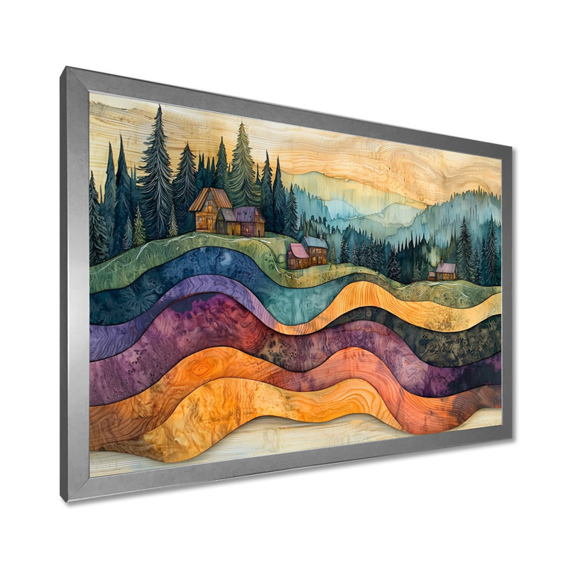 «Native Indian Village In A Forest Landscape I», art mural forêt, H 24 po x l 32 po, Floater Framed, Argent