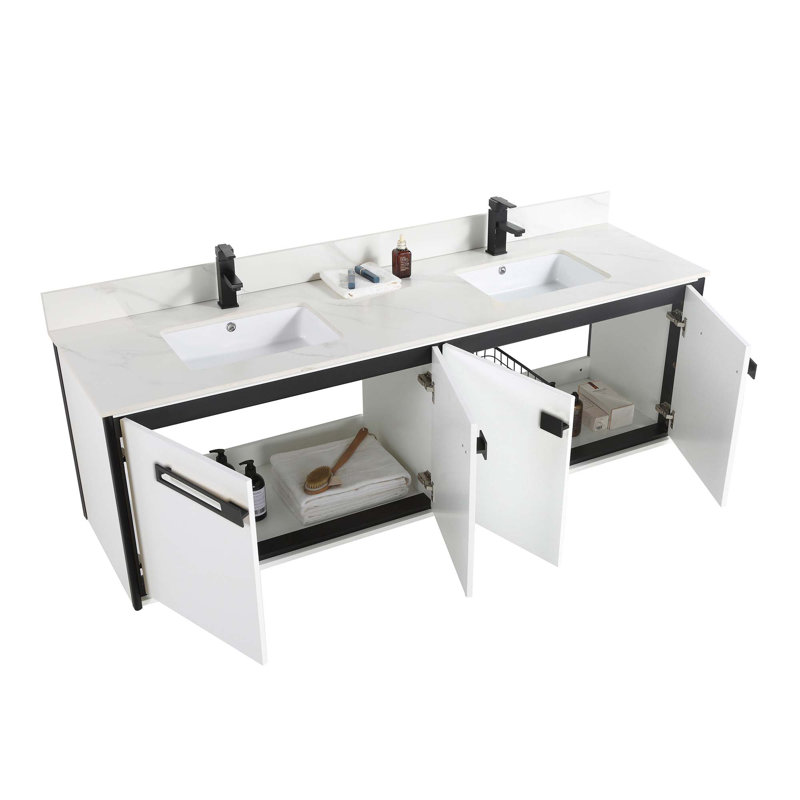 72'' Double Bathroom Vanity with Carrara Quartz Top, Matte Black, White Matte