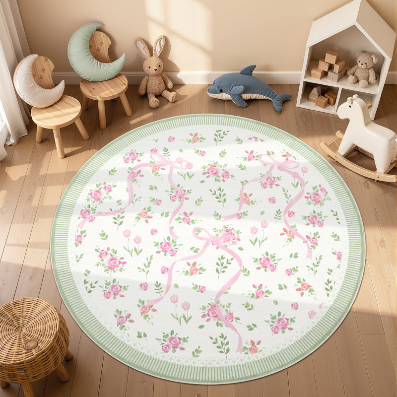 Washable Area Rug Bow Décor, Round 6', Green/Pink