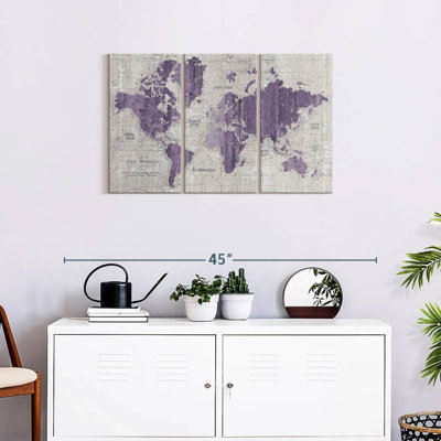 «Old World Map», impression murale sur toile mauve et grise