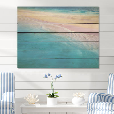 Tropical Beach Aerial View Waves III - Beach & Ocean On Wood Print