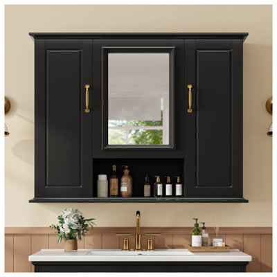 36" Black Wall Mounted Medicine Cabinet with Mirror, Solid Wood and Glass Storage