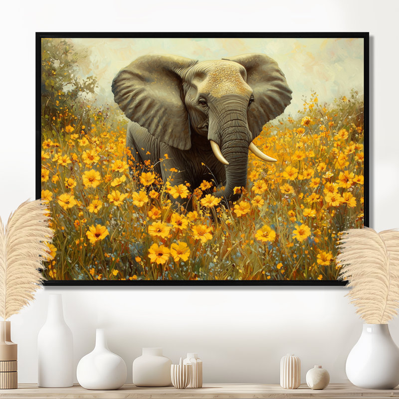 Éléphant de Gulbranson dans les prairies fleuries - éléphant, art mural, H 34 po x l 44 po, Noir