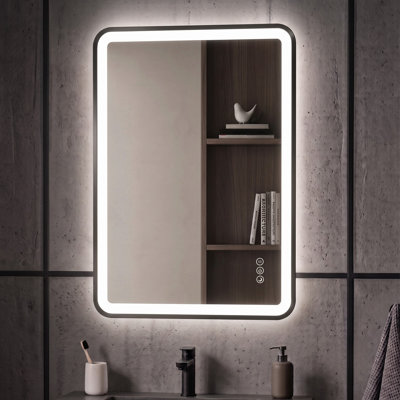 Miroir de salle de bain à DEL à intensité variable avec cadre en métal noir mat 24 po x 32 po Elston