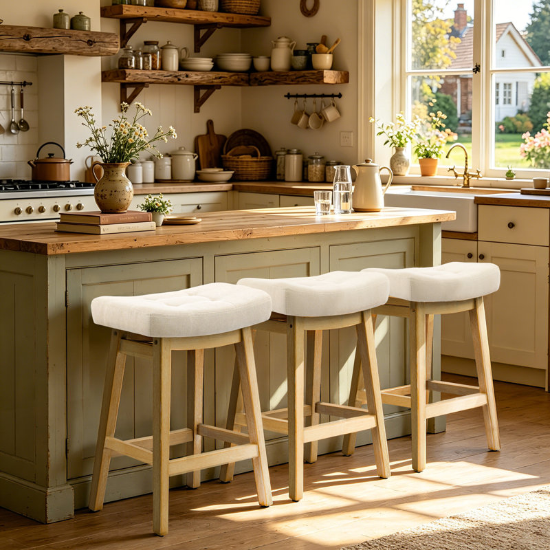 Tabourets de bar extra larges 19,7 po, Siège en lin beige / structure en bois