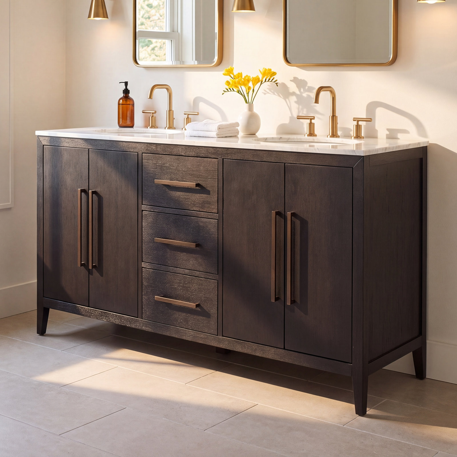 Alsup 60" Carrara Marble Double Bathroom Vanity, Wire Brushed Dark Oak