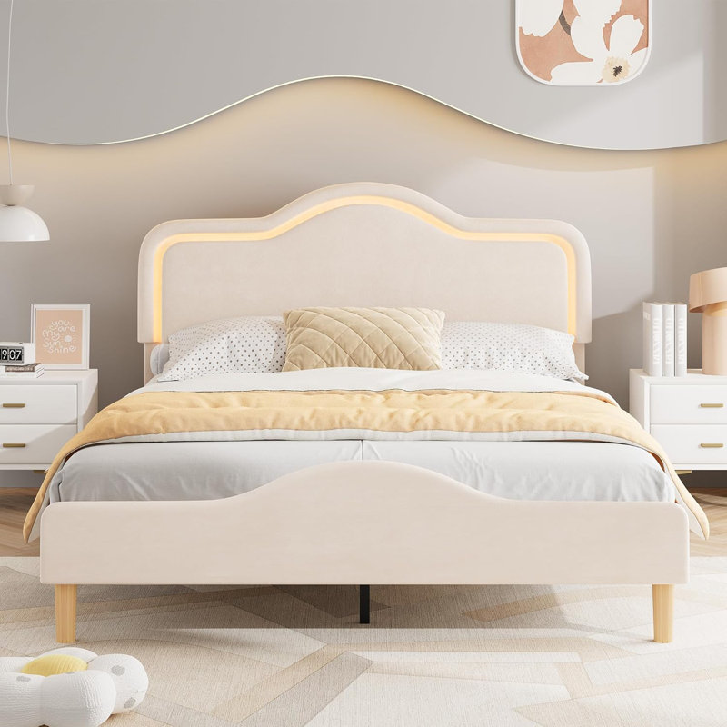 Full Size Upholstered LED Bed Frame with Adjustable Headboard and Footboard, Velvet Princess Platform Bedframe for Kids/Girls