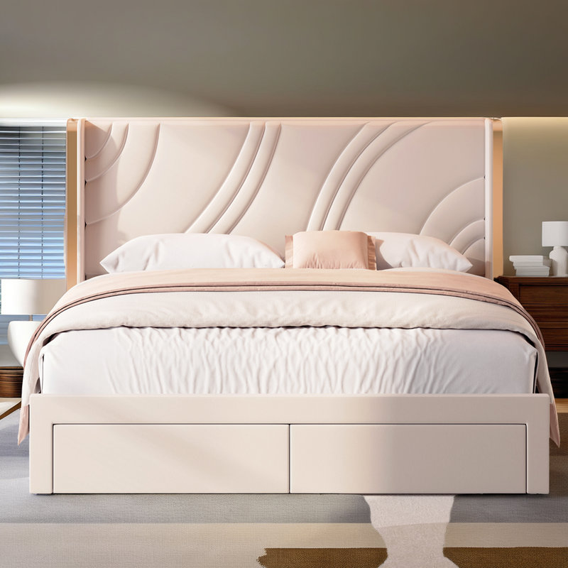 Structure de lit tapissier en velours avec tête de lit et tiroirs à DEL RVB, Beige, Très grand lit
