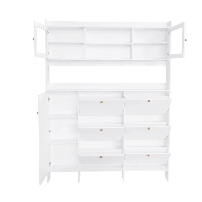Multifunctional Tipping Bucket Shoe Cabinet With Storage Shelf & 6 Flip Drawers, Large Hall Tree With Tempered Glass Doors, Foyer Cabinet With 4 Hooks For Hallway