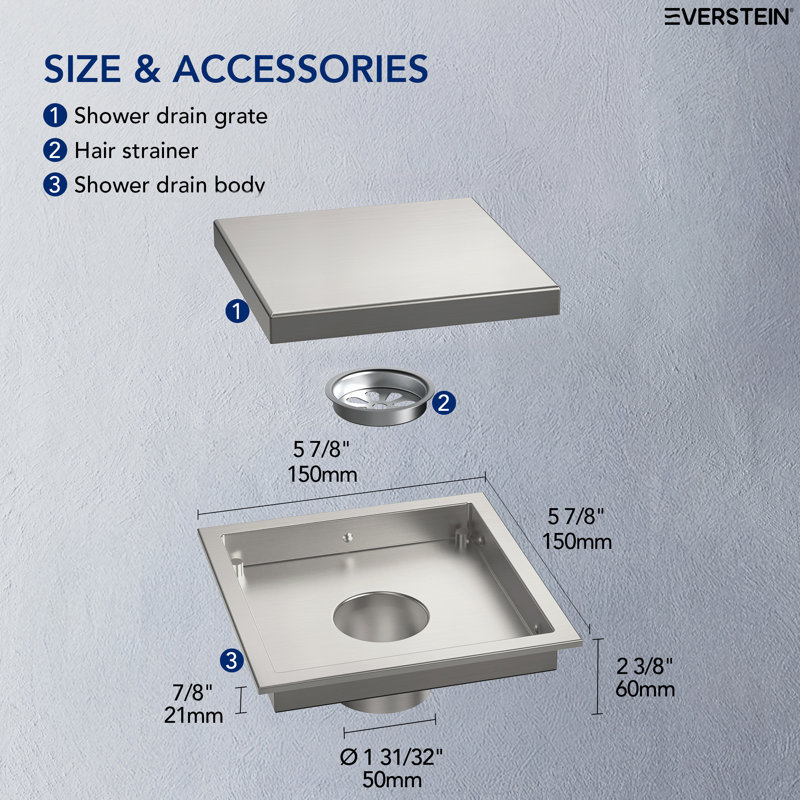 6-Inch Square Shower Drain, Brushed Nickel