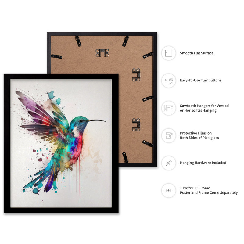 Colibri néon, Cadre noir, Affiche, H 16 po x l 20 po
