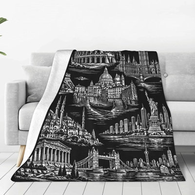 Couverture en flanelle douce avec motif de monuments du monde entier, 76 x 102 cm