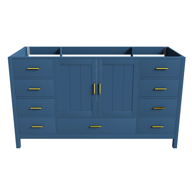 Base de meuble-lavabo 60 po avec 2 portes doubles à fermeture douce, 1 grand tiroir, 6 petits tiroirs et 2 petits compartiments de rangement rabattables (bleu)
