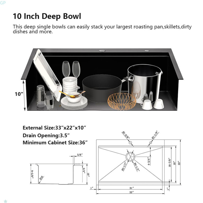 Workstation 33-Inch Drop-In 16 Gauge Kitchen Sink R10 Radius Stainless Steel Kitchen Sink Single Bowl With Intergrated Ledge & Accessories (Pack Of 5) -33"X22"X10"