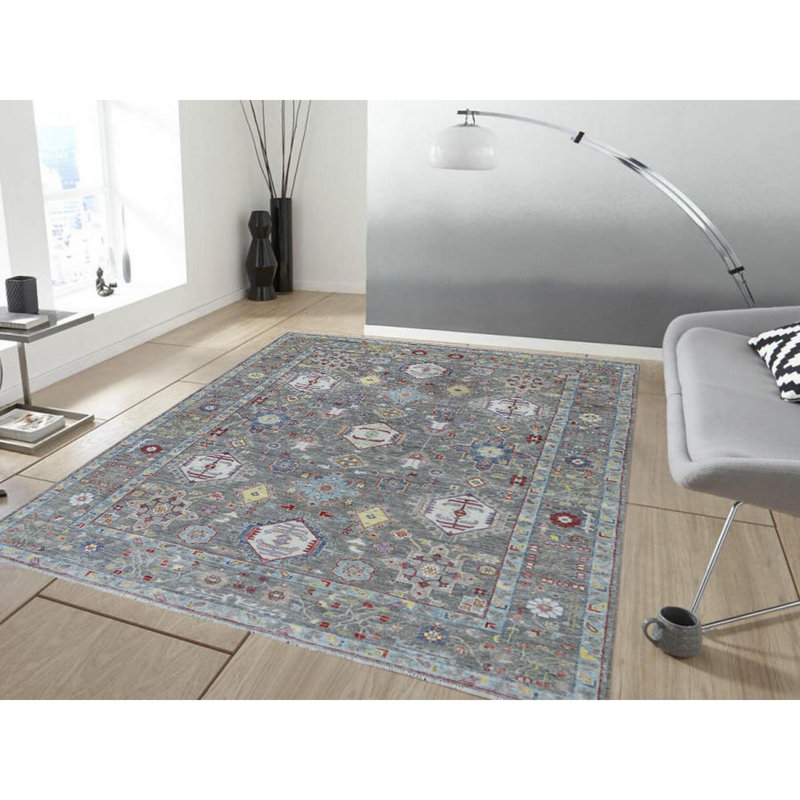 Tapis décoratif en laine noué à la main gris de conception unique 6 pi 2 po x 9 pi 2 po Beigenwald