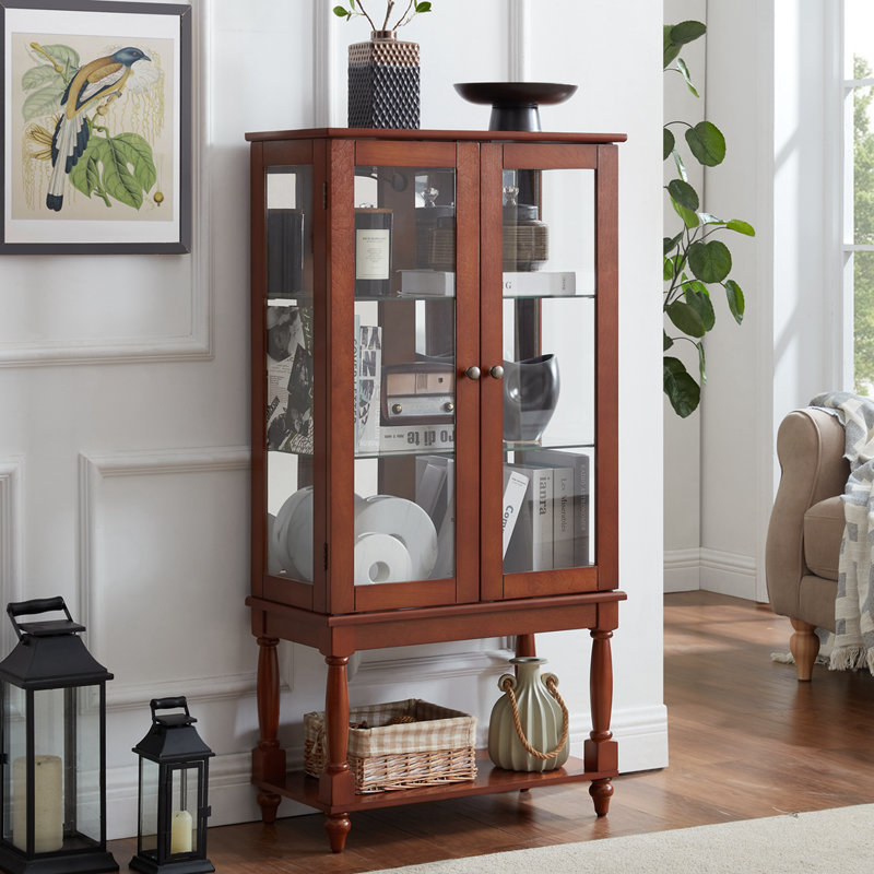 Glass Display Cabinet With Mirrored Back And Light, Curio Display Cabinet With Solid Wood Legs And Adjustable Shelves 3 Tier Glass Display Case