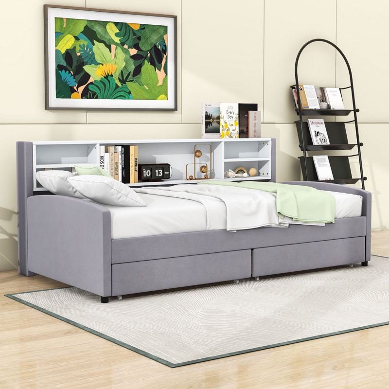Twin Upholstered Platform Bed with Storage Shelves and 2 Drawers, Gray