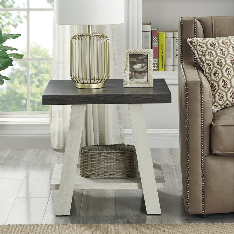 Table de bout contemporaine beige et gris anthracite avec tablette de rangement en bois