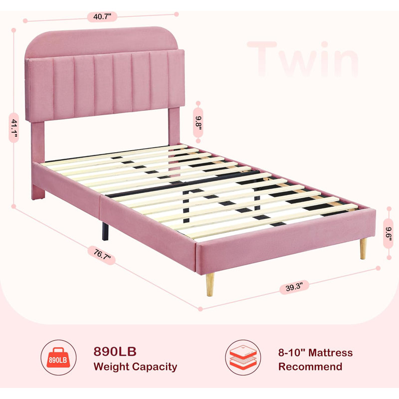 Twin Bed Frames, Upholstered Platform Bed Frame with Bookcase Headboard, Pink