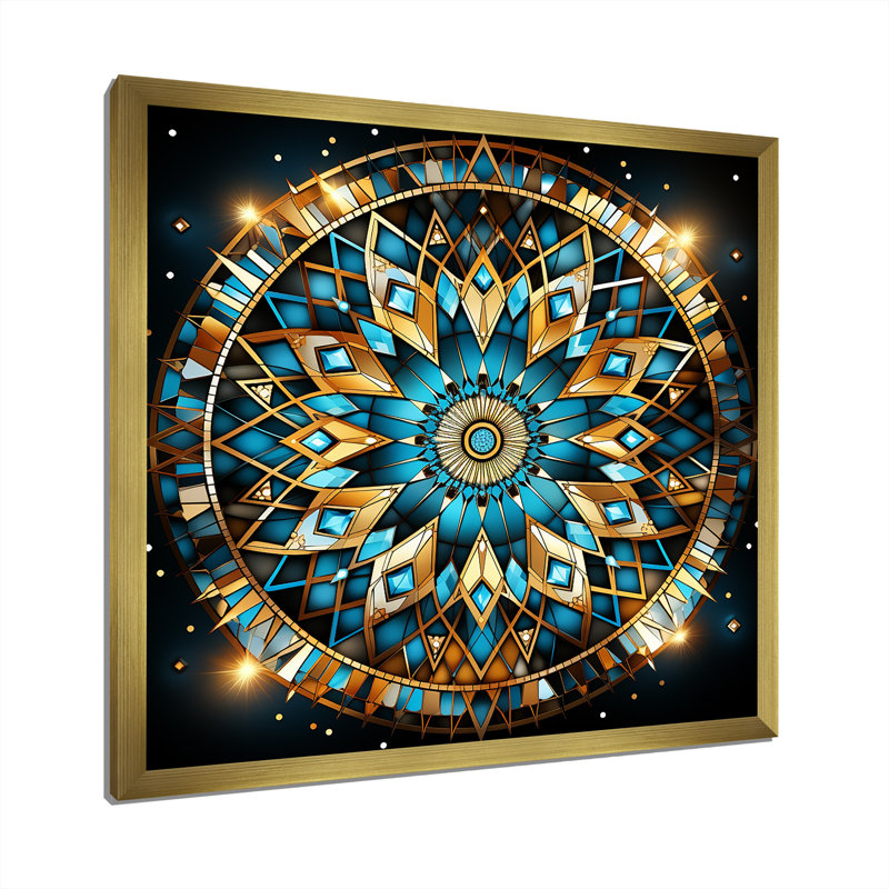 Art mural mandala II bleu et doré, Cadre doré simple, H 36 po x l 36 po x P 1,5 po