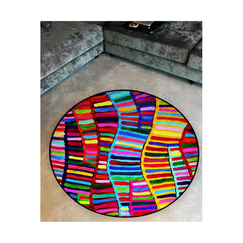 Multicolored Wavy Shapes Woven Base Modern Decorative Carpet, Round 5'
