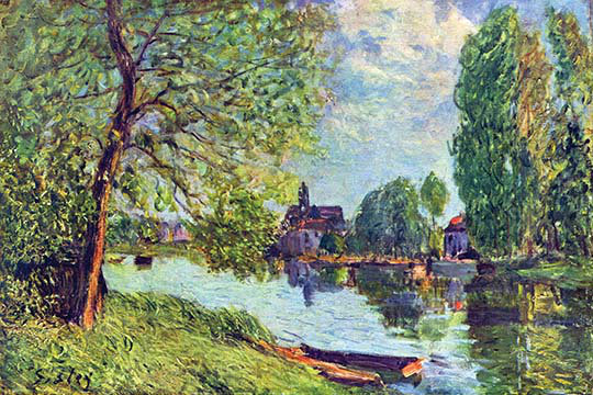 «River Landscape at Moret-sur-Loing» par Alfred Sisley, reproduction d'art