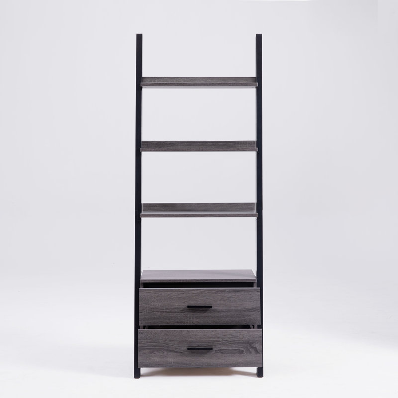 Two Drawer Ladder Bookcase Metal Bar Handles Distressed Grey And Black Two Tone Colour