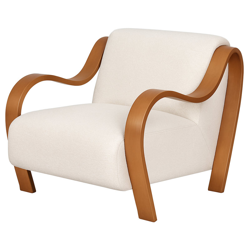 Curva Luxe Accent Chair-Boucle Upholstered with Wood Arms , Cream, Natural Wood