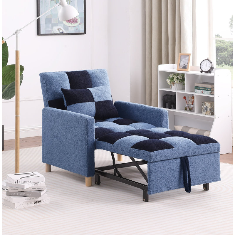 Convertible Sleeper Sofa Chair Pull Out Couch Small Couch Small Sofa With a Pillow, Black/Blue Teddy