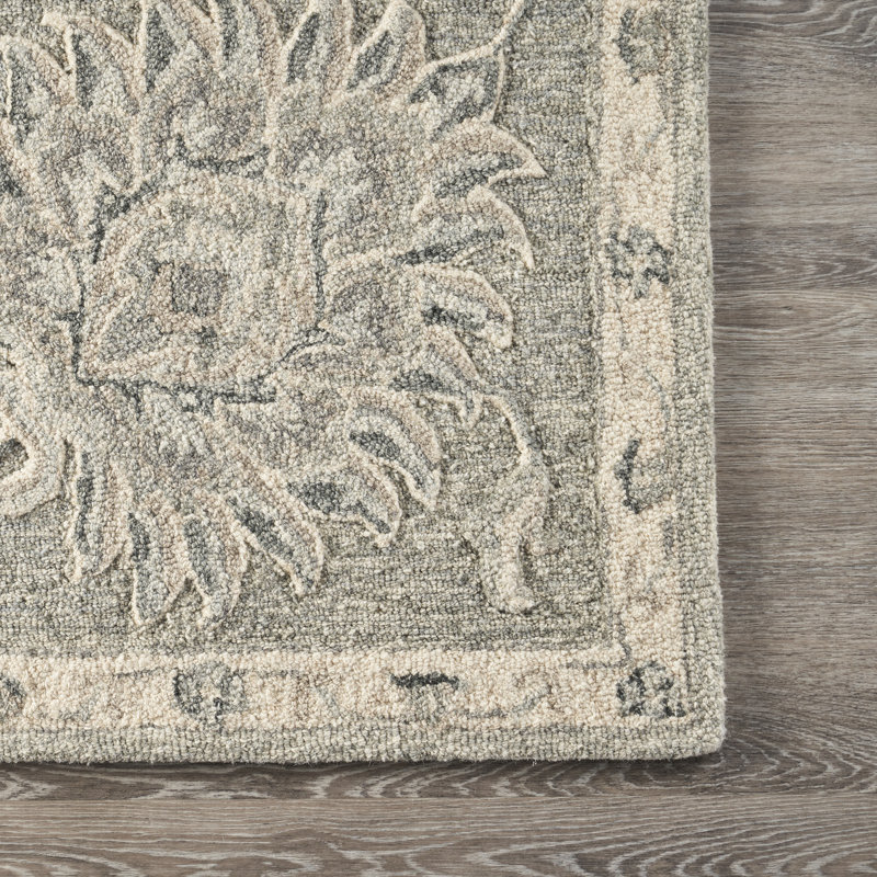 Tapis d'intérieur gris / traditionnel en laine naturelle fabriqué à la main Munz, Rectangle 5 pi x 7 pi