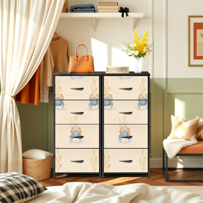 Commode de rangement verticale 4 tiroirs avec plantes en crabe bleu et beige