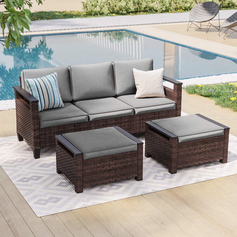 3 Piece Patio Sofa with Ottomans, All-Weather PE Rattan Wicker Sofa, Gray