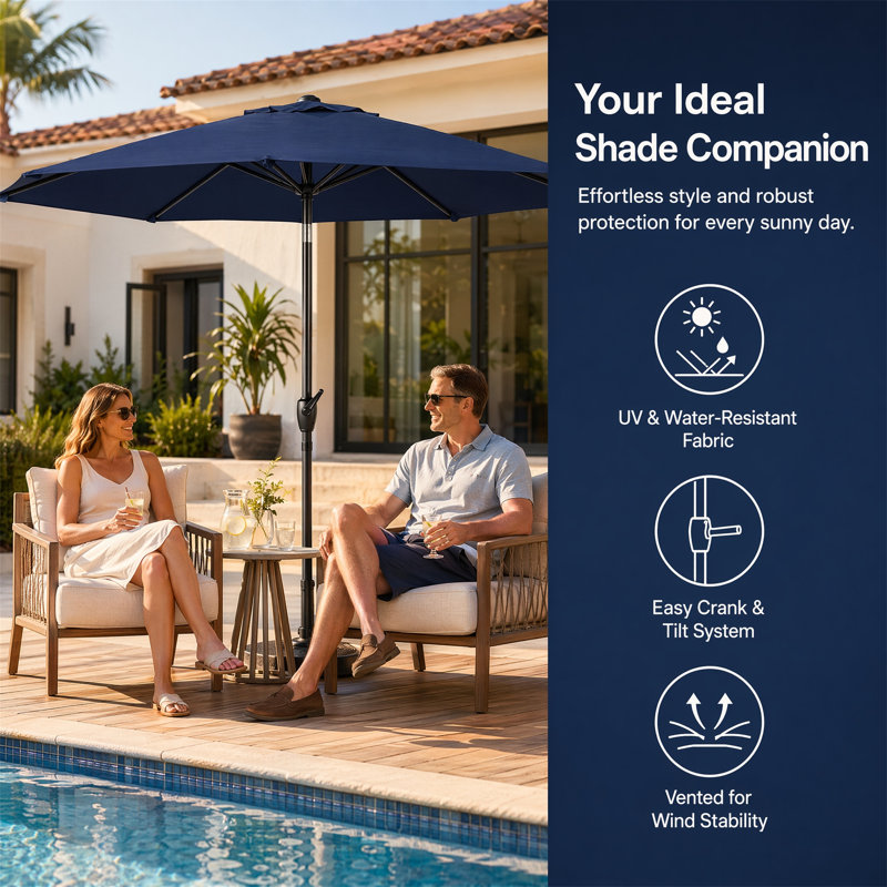 Parasol de patio 7,5 pi avec manivelle et inclinaison, bleu, 6 côtes, polyester imperméable, sans la base du parasol, Blue