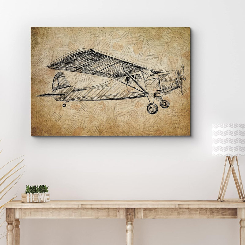 Profil latéral rétro biplane sur fond brun Transport d'avions rétro sépia fantaisiste, H 12 po x l 18 po