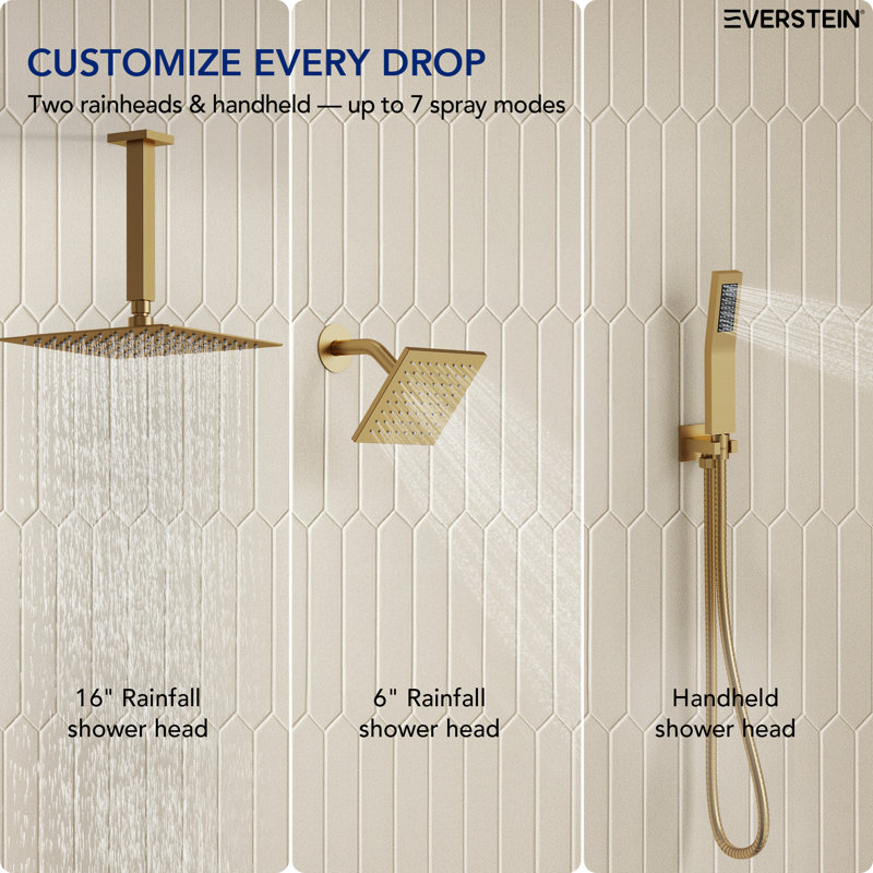Thermostatic Shower Faucet System, Ceiling Mount High-Pressure Rainfall Dual Shower Head with Rough-In Valve, Brushed Gold