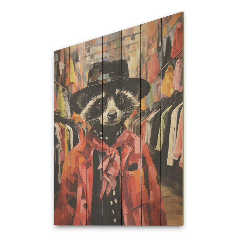 Raton laveur noir à la mode - Animal raton laveur sur bois, H 32 po x l 24 po