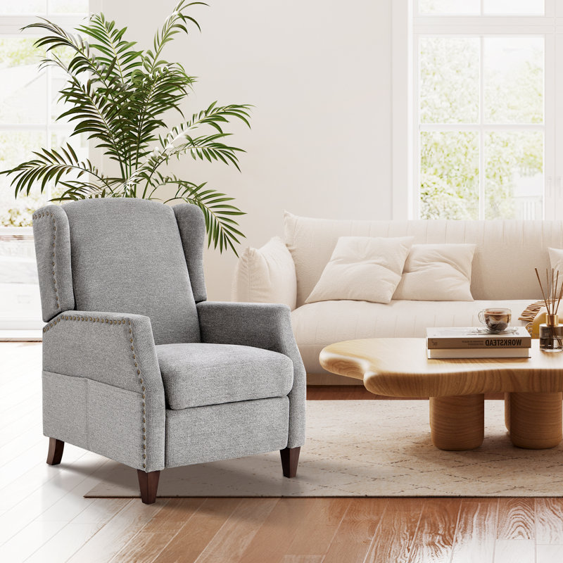 Push-Back Armchair with Storage Pockets - Nail-Head Trim & Wingback Design, Light Grey Chenille