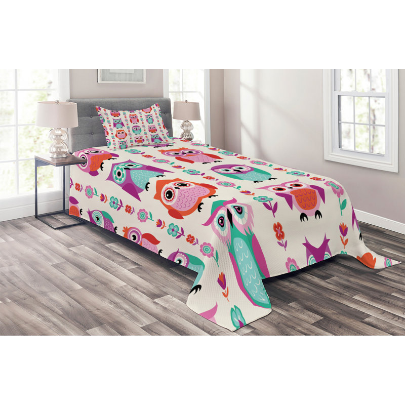 Colorful Owl Print Twin Polyester Bedspread Set