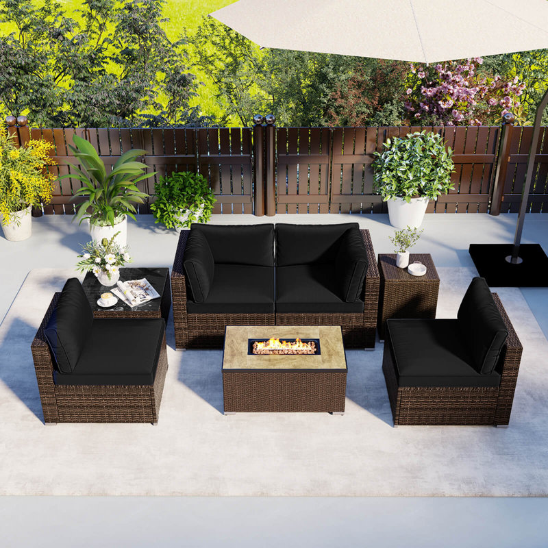 Ensemble de meubles d'extérieur 7 pièces avec table de foyer et couvercle de réservoir de propane noir, Noir