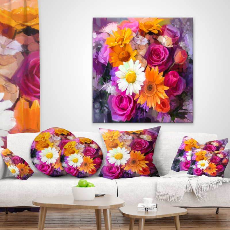 Bouquet de fleurs aquarelle - coussin à imprimé floral, 16 po x 1 po, Coussin décoratif