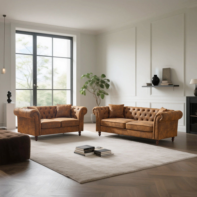 Ensemble de canapé chesterfield Mid-Century, Brun