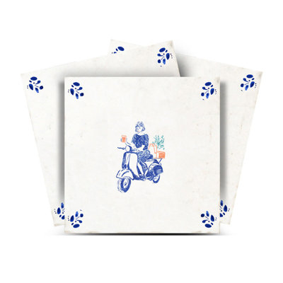 8" x 8" Vintage Blue & White Vespa Vinyl Peel and Stick Mosaic Tile