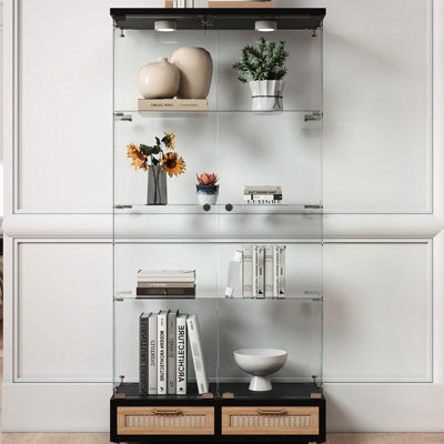 2 - Door 4 Shelf Storage Case, Modern Glass Display, Black And Natural, Quick Assembly, 13 Colour Led Lighting, Space Saving, Dining Room Display Cabi