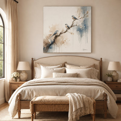 Blue Bird Blossom Branch Canvas Wall Art, Soft Neutral  Nature Painting