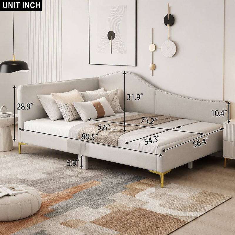Lit de jour double rembourré avec tête de lit et accoudoirs, beige, Lit double, Beige