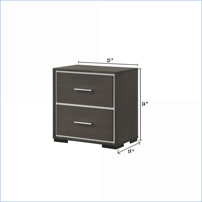 Table de chevet 2 tiroirs rustique grise avec détails chromés pour la chambre à coucher